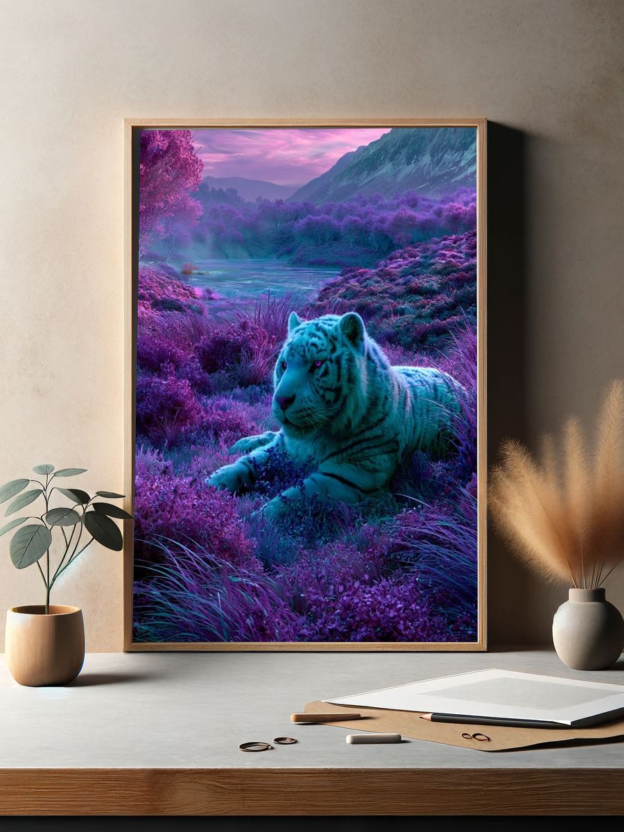 Neon White Tiger Landscape Poster. — room view 2