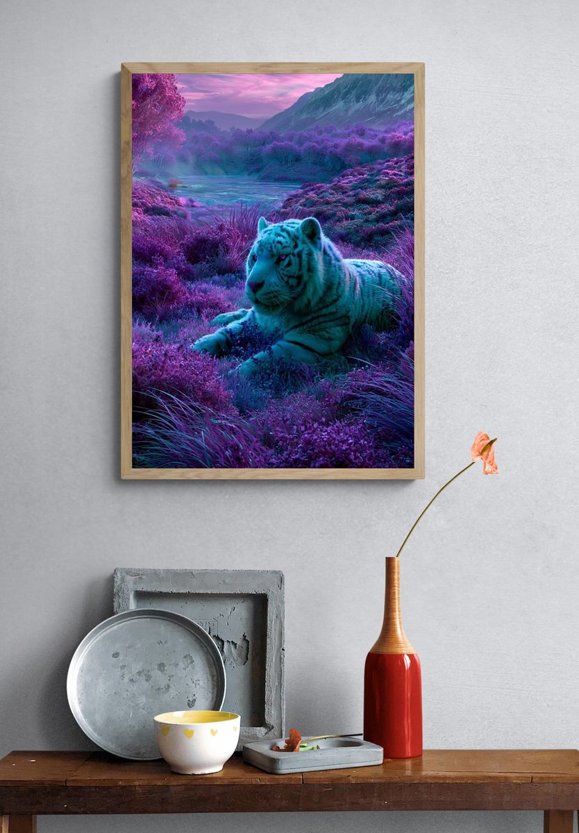 Neon White Tiger Landscape Poster. — room view 3
