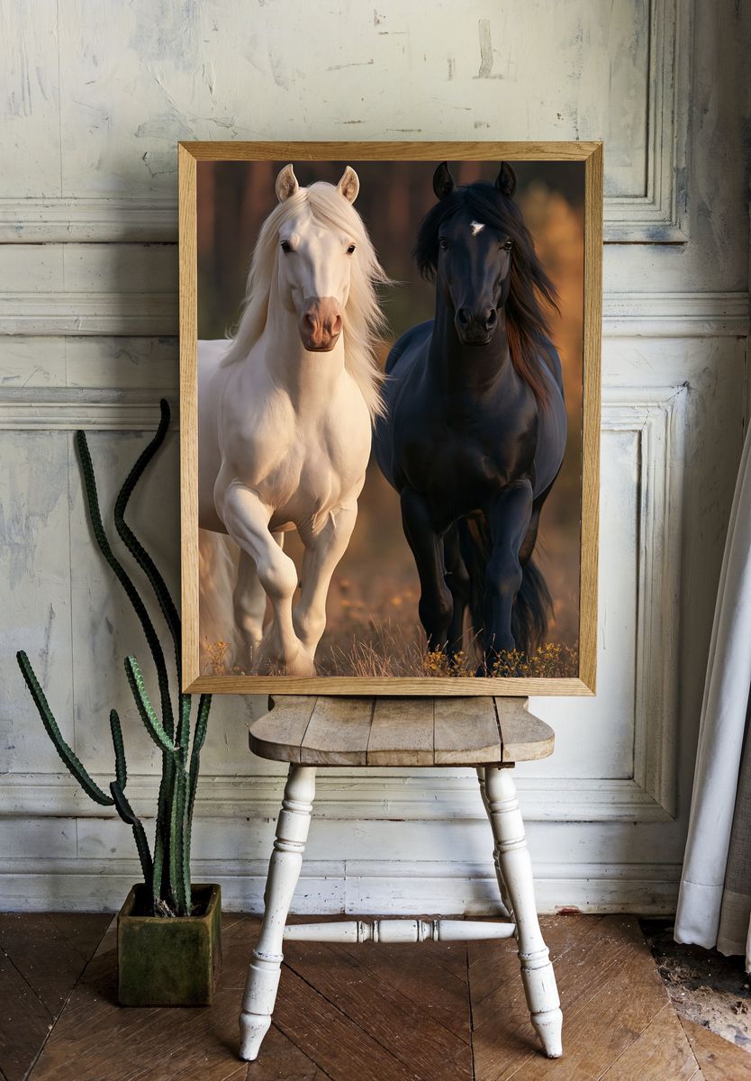 White and Black Horses Photography Poster. — room view 1