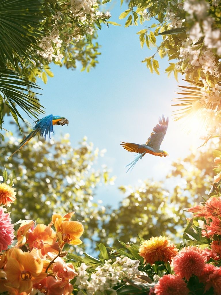 Tropical Parrots and Blooms Poster. poster detail