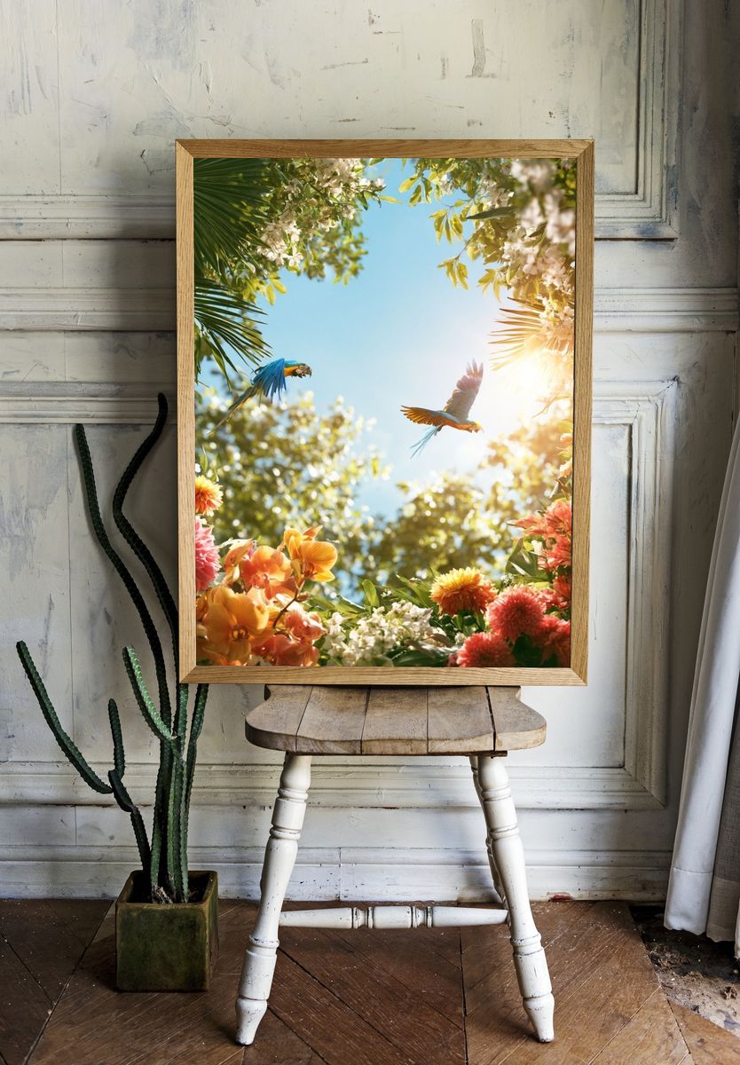 Tropical Parrots and Blooms Poster. — room view 1
