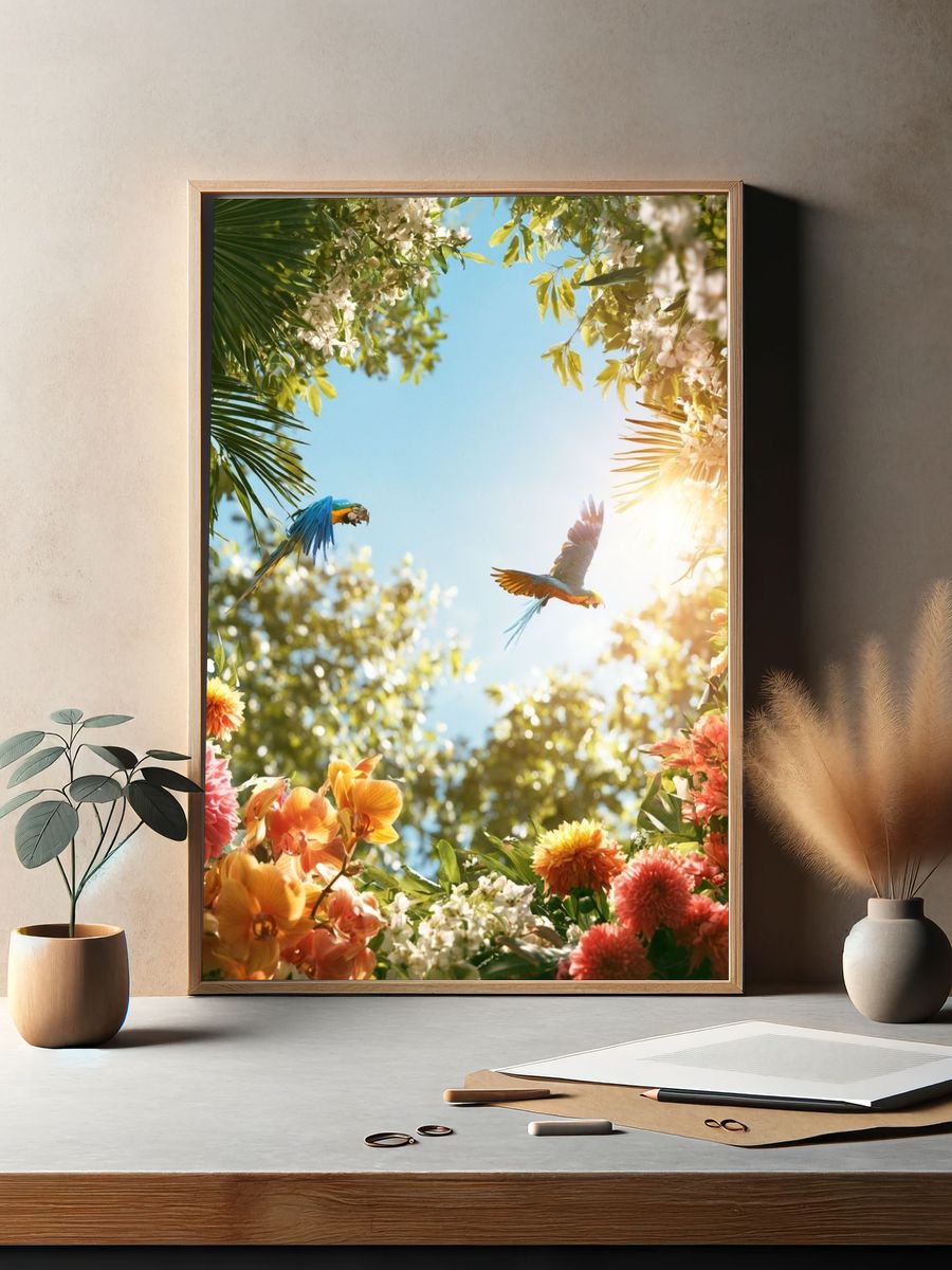 Tropical Parrots and Blooms Poster. — room view 2