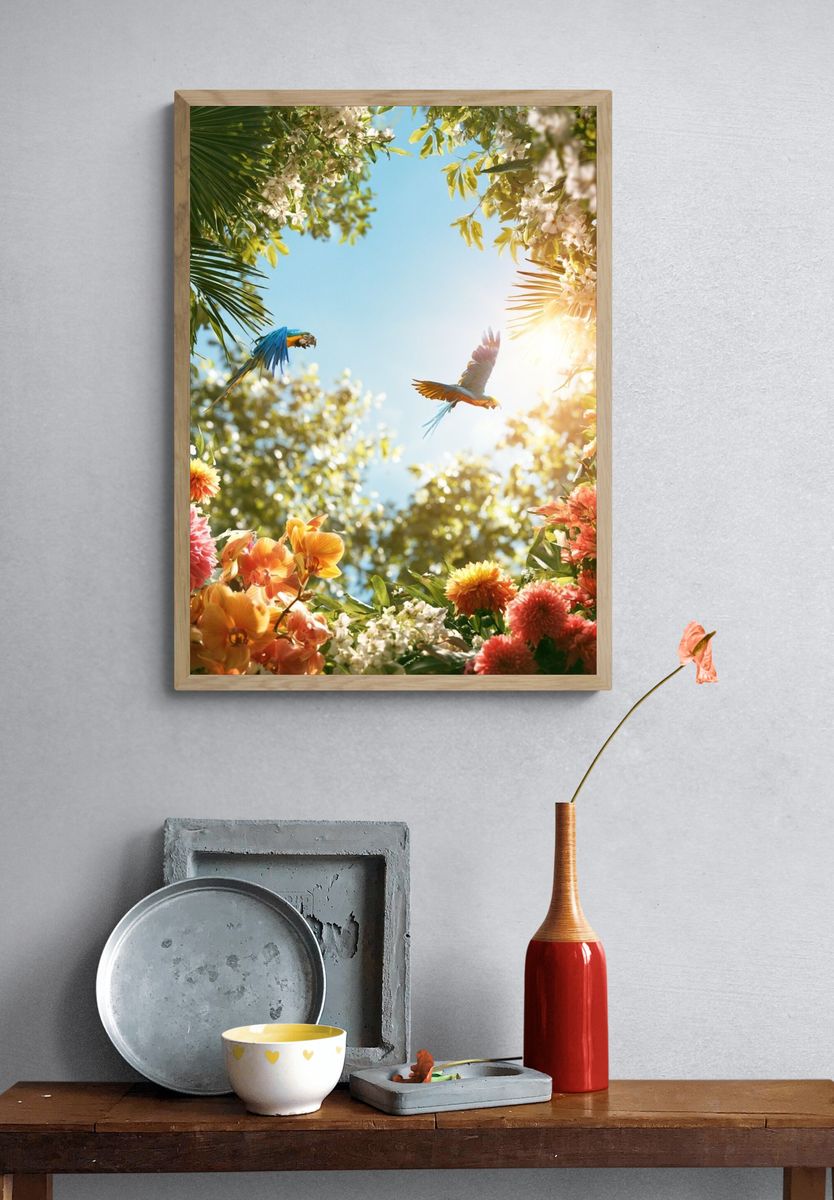 Tropical Parrots and Blooms Poster. — room view 3