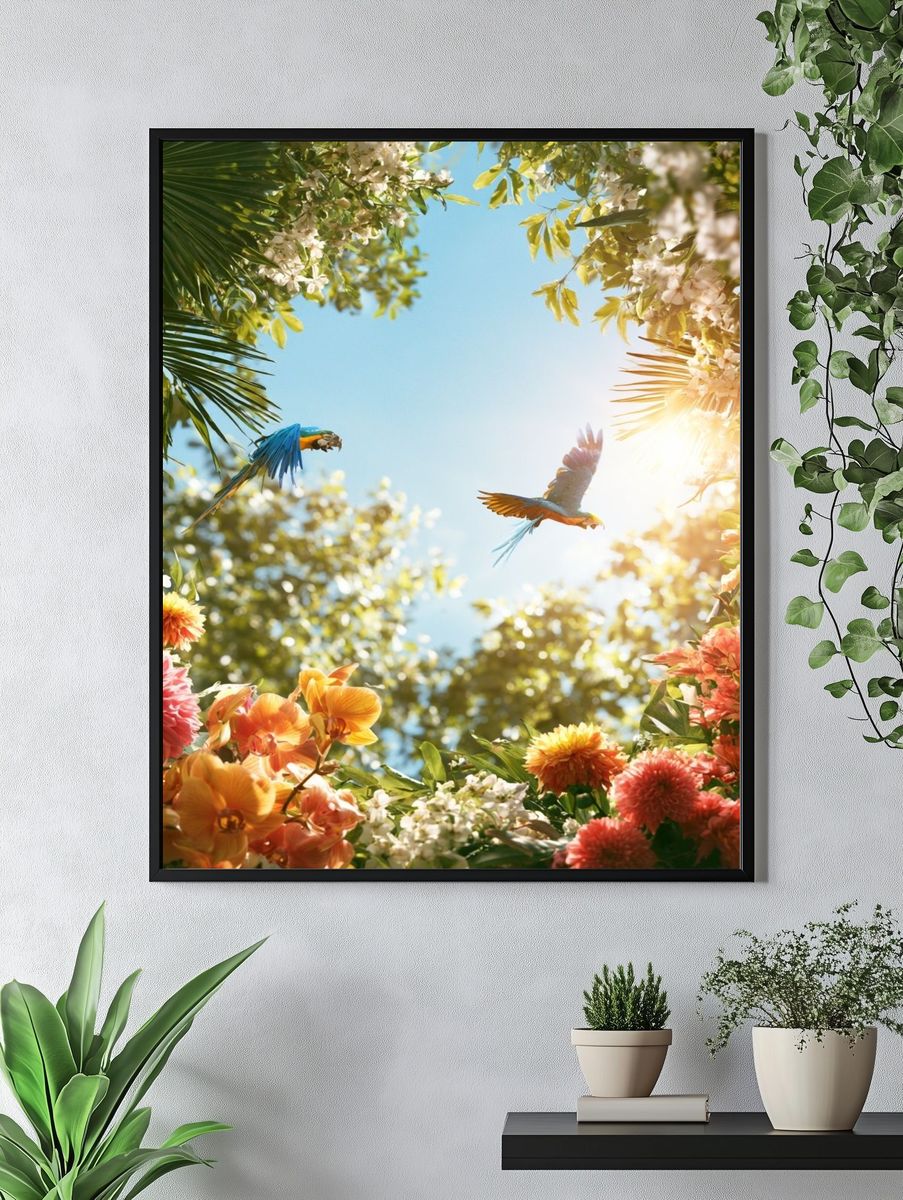 Tropical Parrots and Blooms Poster. — room view 4