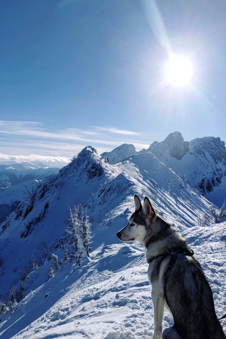 Husky on Snowy Mountain Peak Poster. poster detail