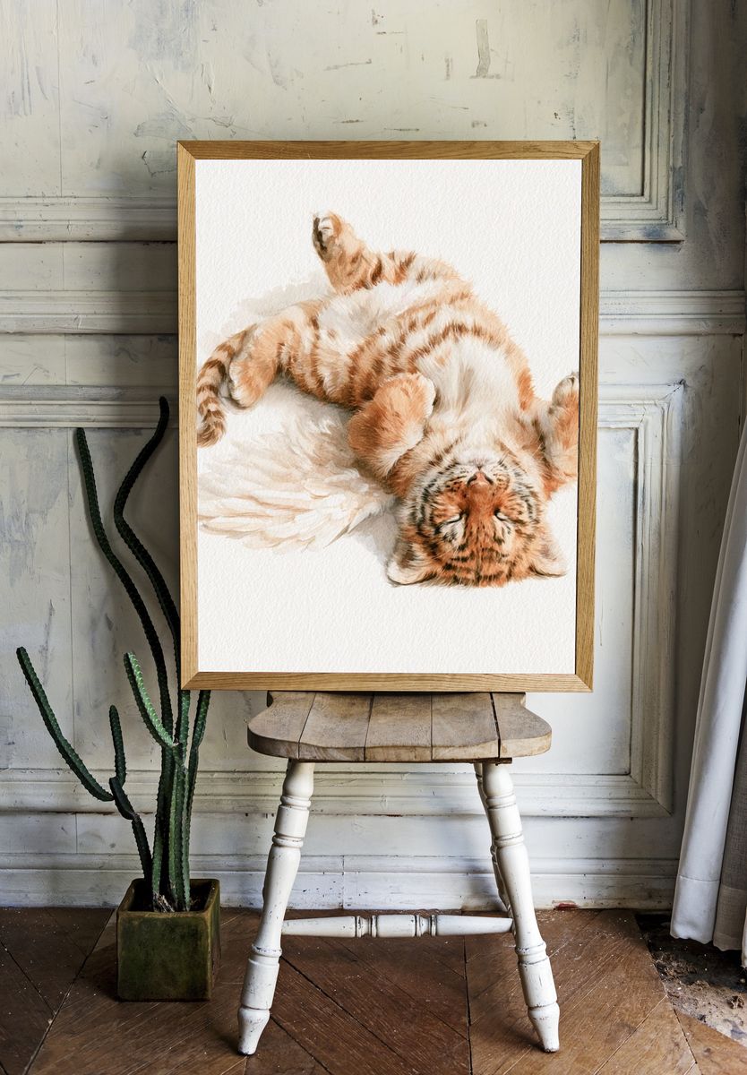 Sleeping Tiger Cub Watercolor Poster. — room view 1