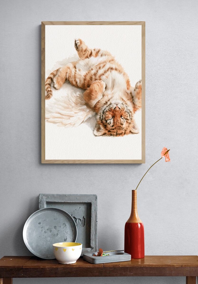 Sleeping Tiger Cub Watercolor Poster. — room view 3