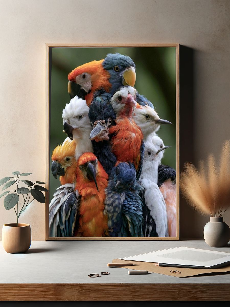 Colorful Parrot Cluster Photography Poster. — room view 2