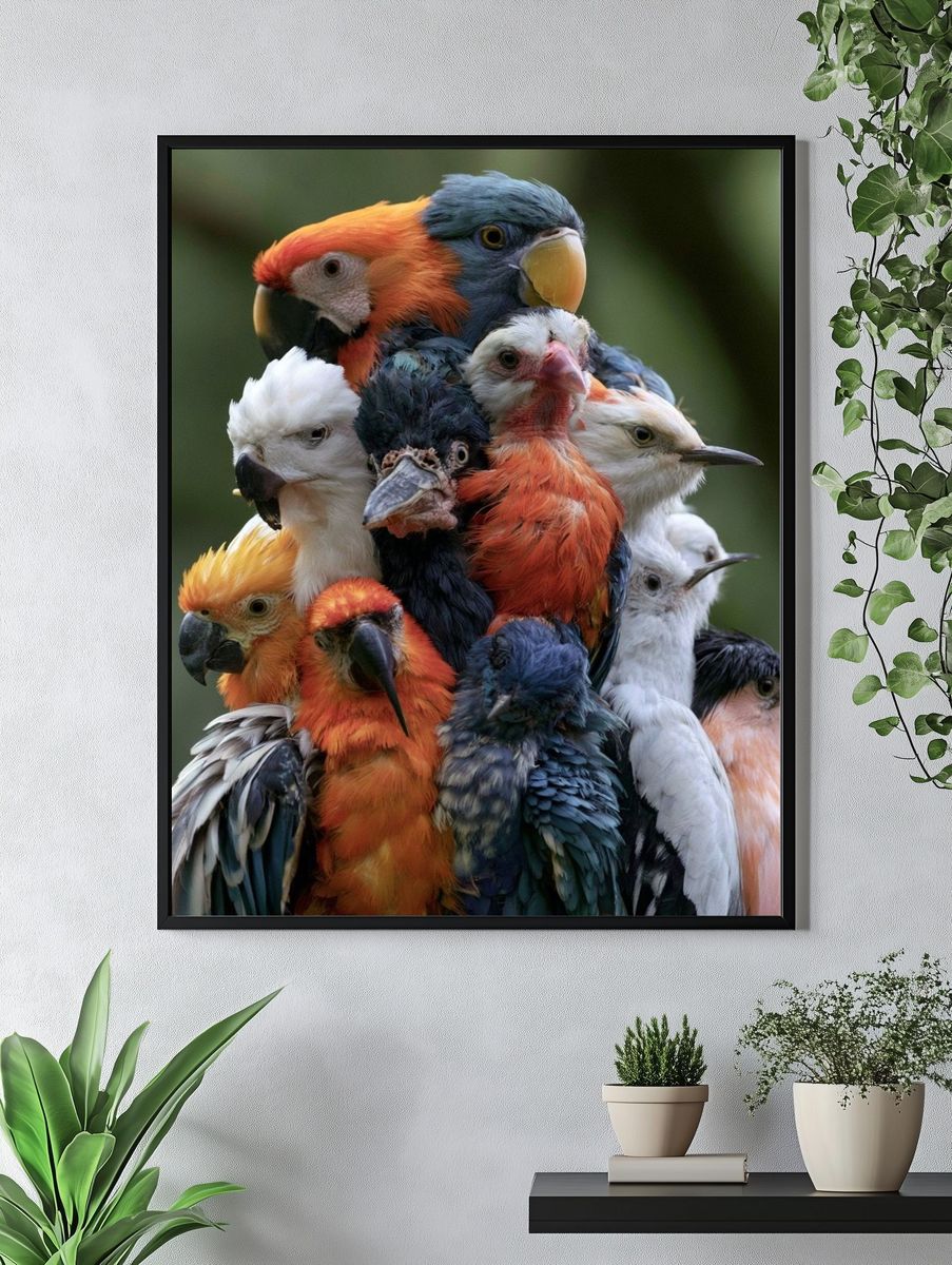 Colorful Parrot Cluster Photography Poster. — room view 4