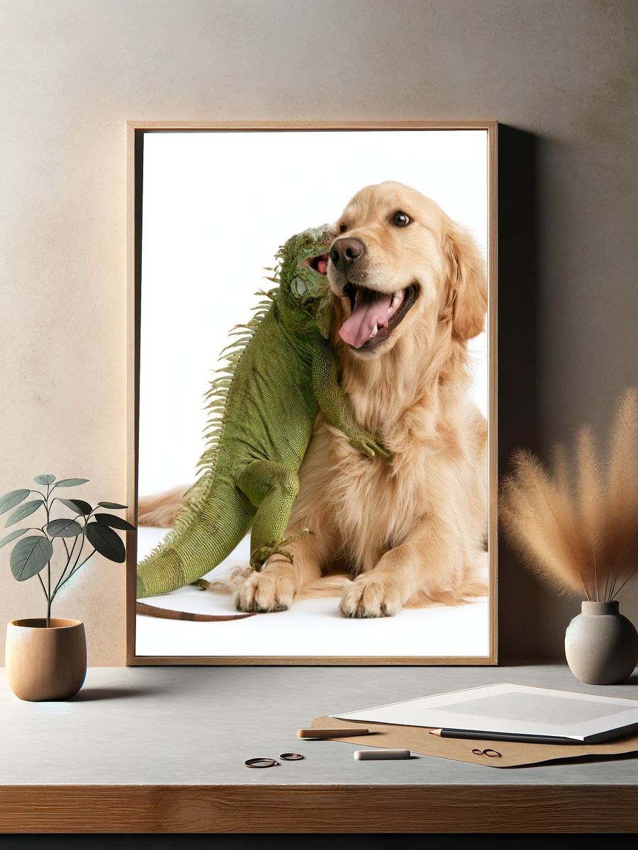 Golden Retriever and Iguana Photography Poster. — room view 2