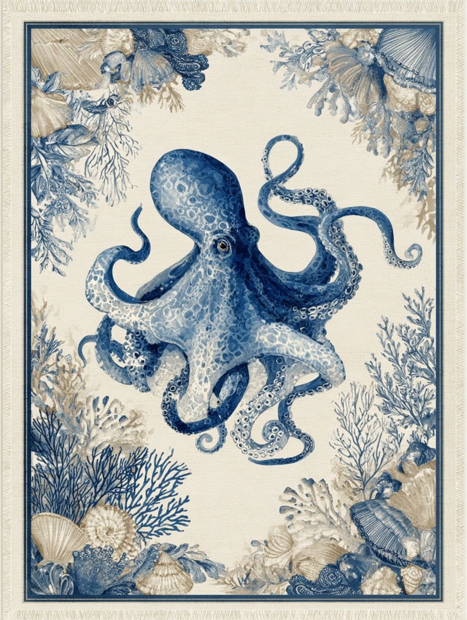 Blue Octopus Coastal Illustration Poster. poster detail