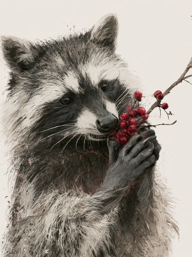 Raccoon with Berries Illustration Poster. poster detail