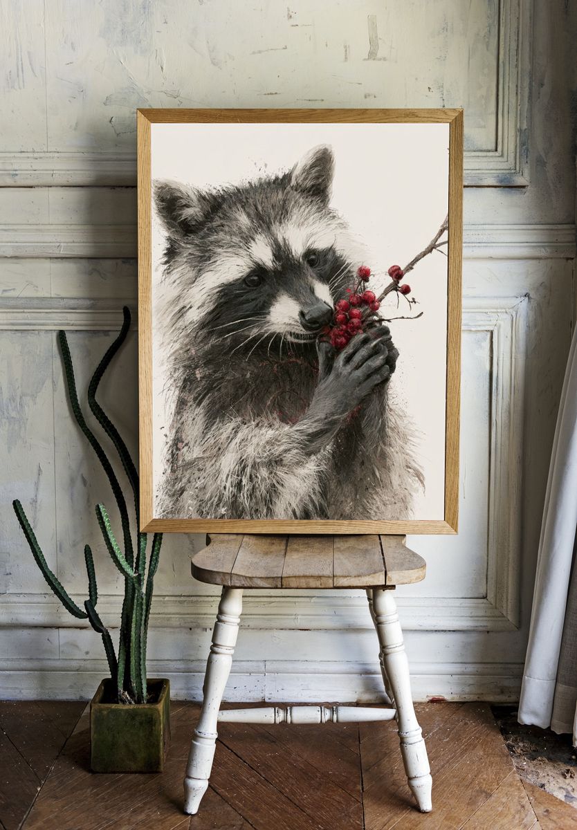 Raccoon with Berries Illustration Poster. — room view 1