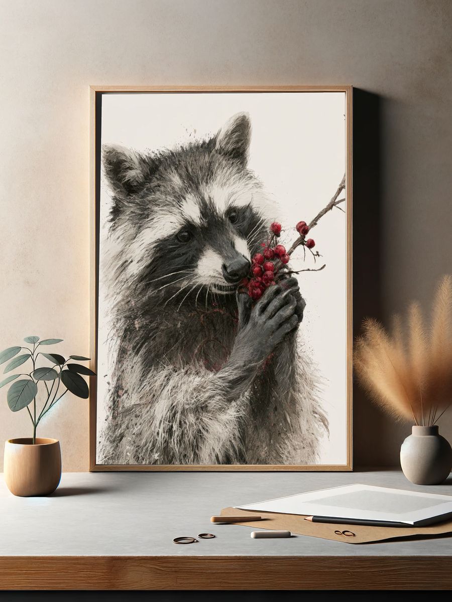 Raccoon with Berries Illustration Poster. — room view 2