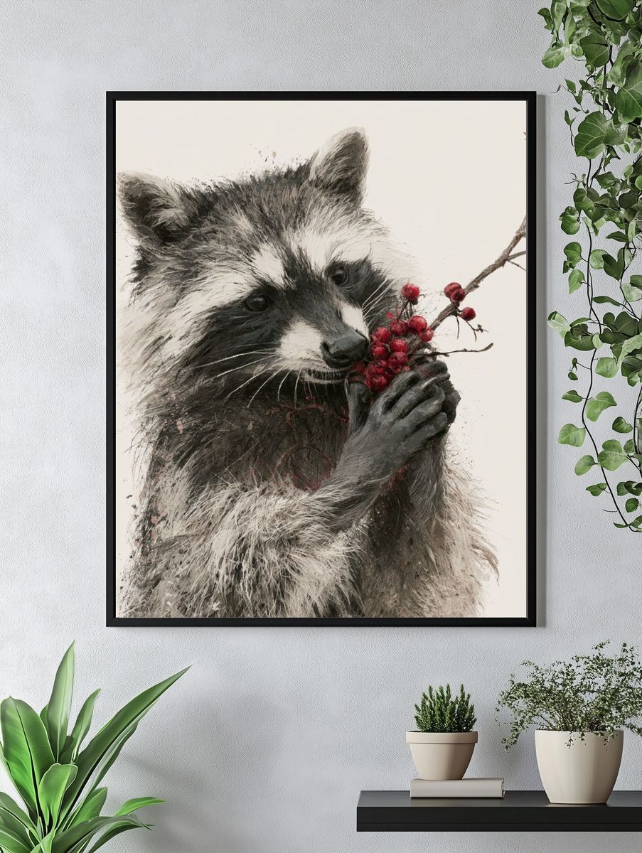 Raccoon with Berries Illustration Poster. — room view 4