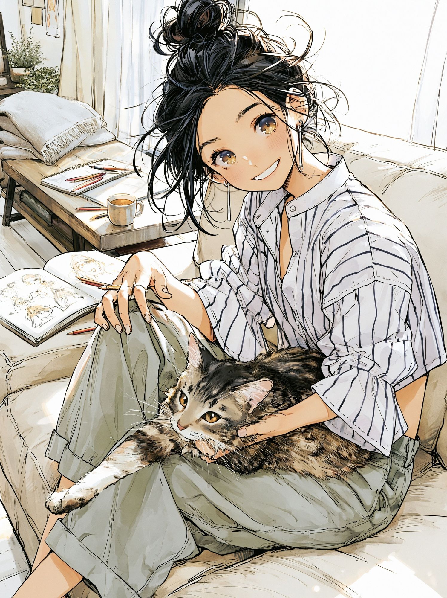 Girl and Cat Cozy Anime Poster. poster detail