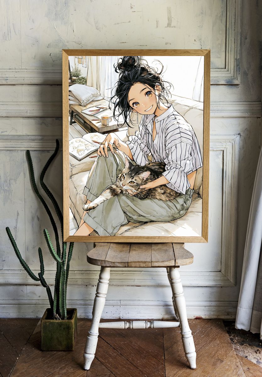 Girl and Cat Cozy Anime Poster. room preview