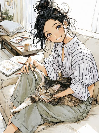Girl and Cat Cozy Anime Poster. poster print