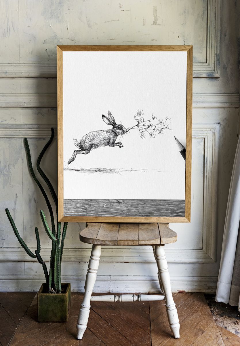 Leaping Hare Line Art Poster. — room view 1