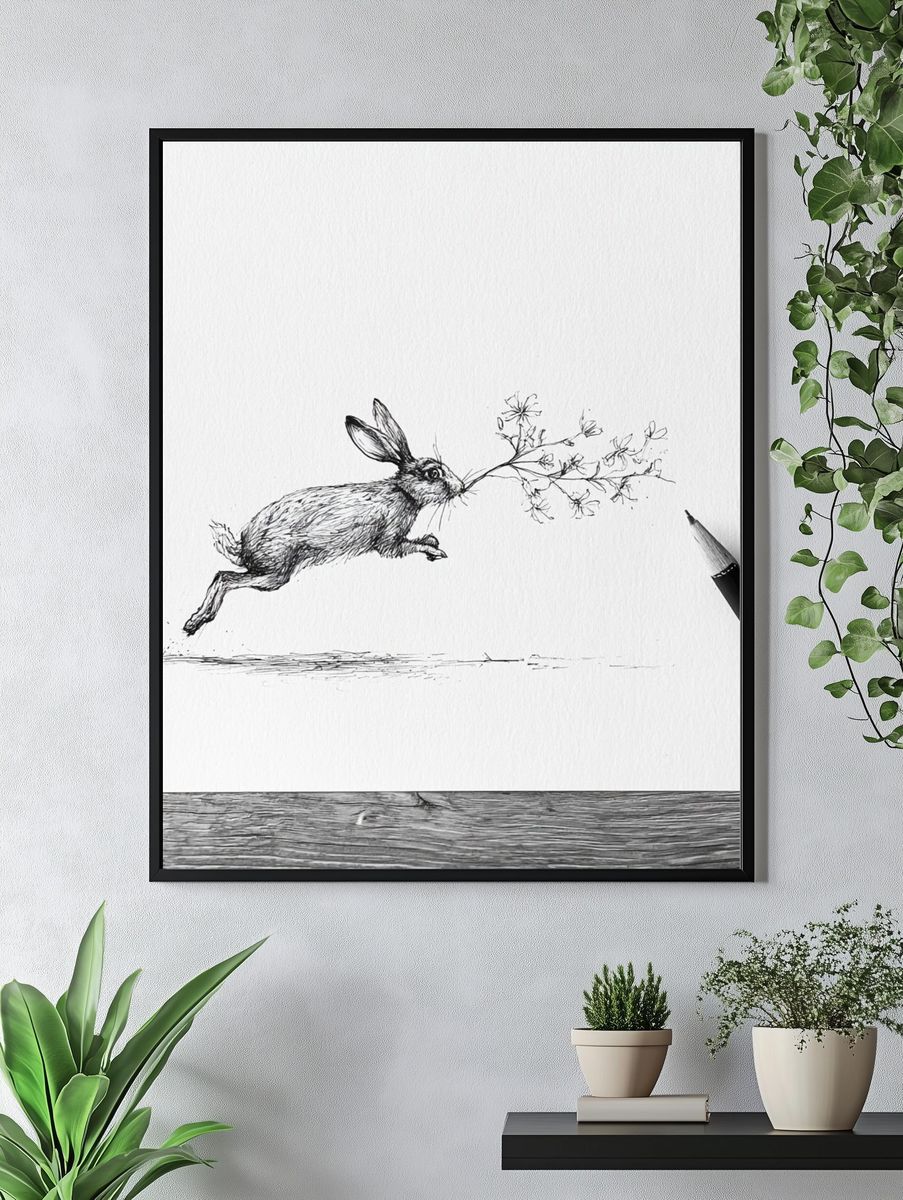 Leaping Hare Line Art Poster. — room view 4