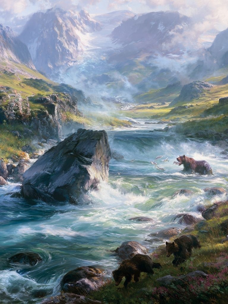 Mountain River Bears Illustration Poster. poster detail