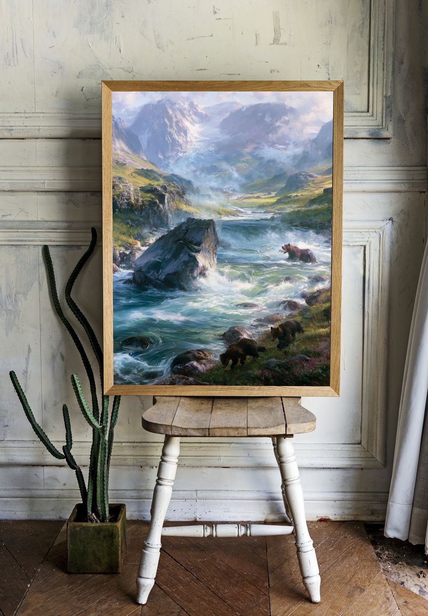Mountain River Bears Illustration Poster. — room view 1