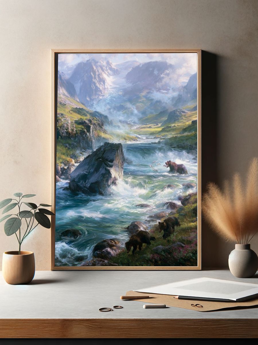 Mountain River Bears Illustration Poster. — room view 2