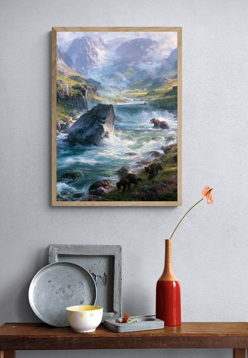 Mountain River Bears Illustration Poster. — room view 3
