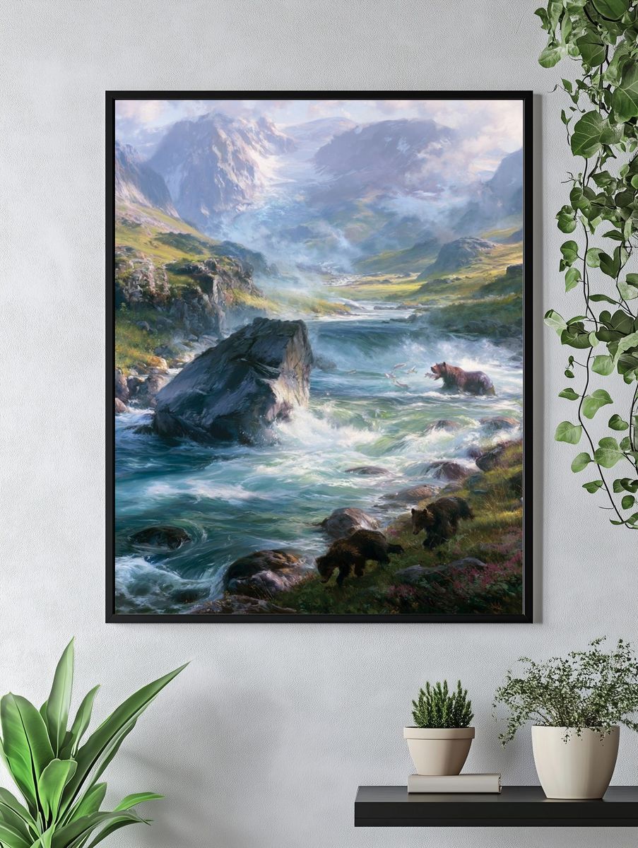 Mountain River Bears Illustration Poster. — room view 4