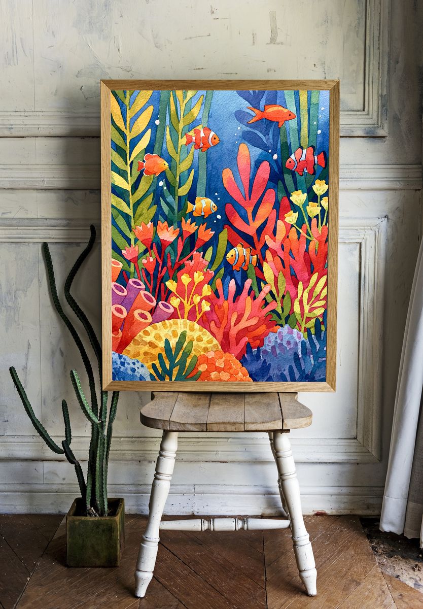 Colorful Coral Reef Illustration Poster. — room view 1