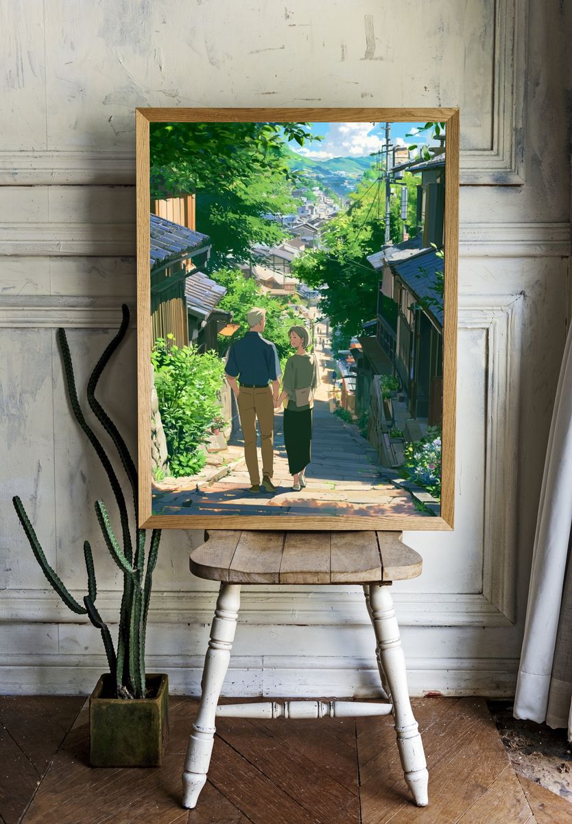 Sunlit Village Stroll Anime Print. room preview