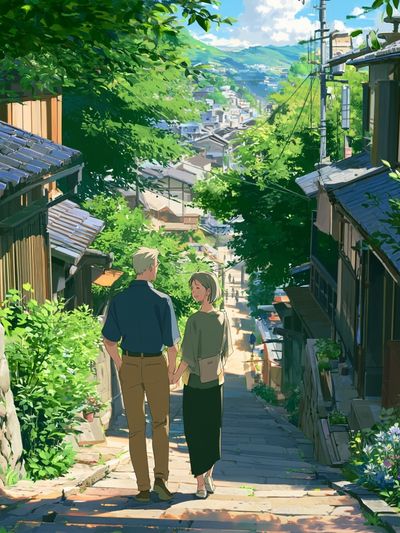 Sunlit Village Stroll Anime Print. poster
