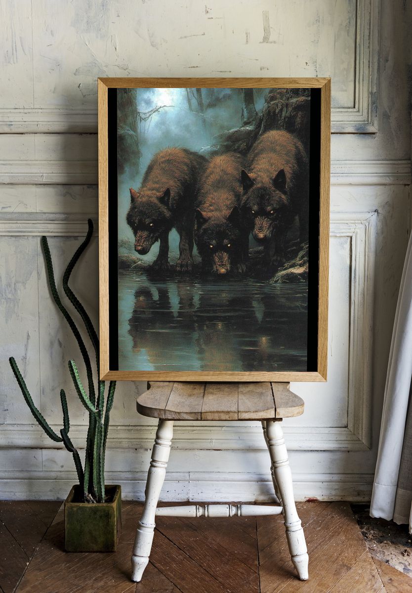 Three Wolves in Mist Poster. — room view 1