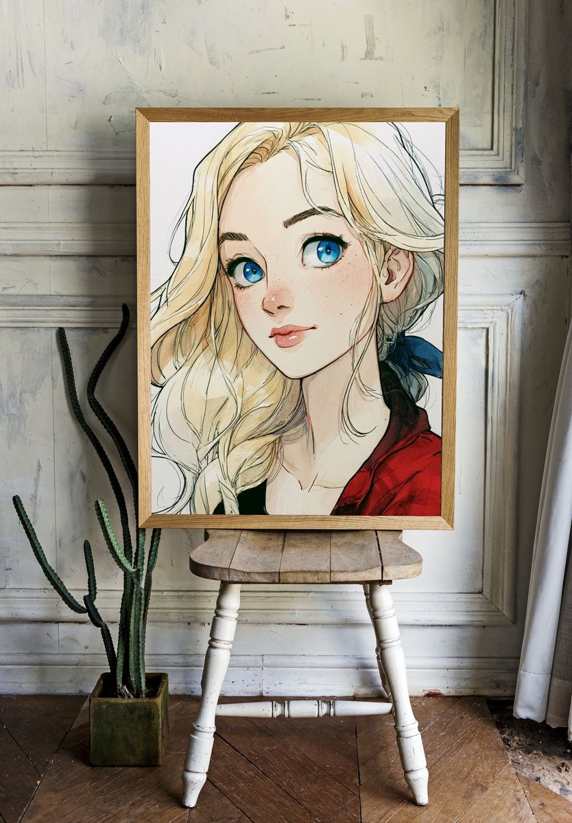 Blonde Anime Girl Portrait Print. — room view 1