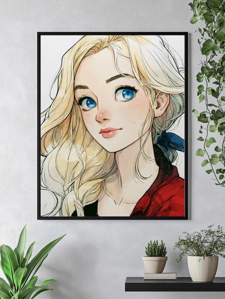 Blonde Anime Girl Portrait Print. — room view 4