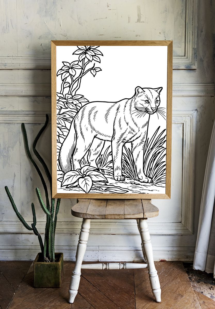 Wild Cat Botanical Line Art Poster. — room view 1