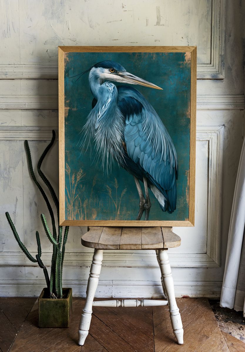 Blue Heron Portrait Print. — room view 1