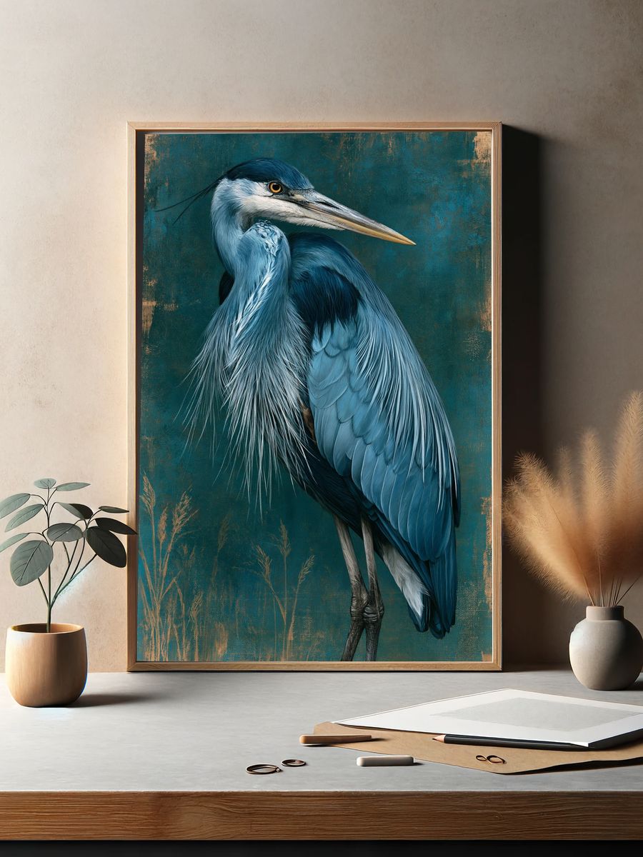 Blue Heron Portrait Print. — room view 2