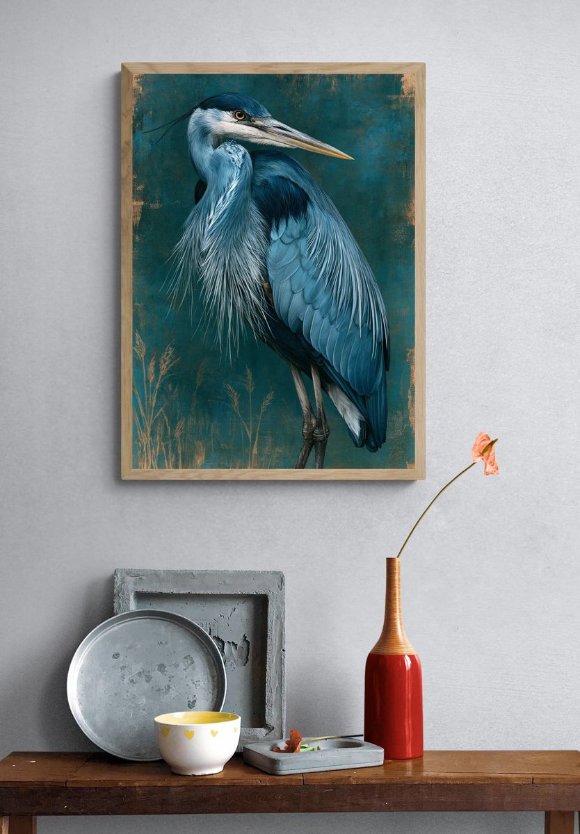 Blue Heron Portrait Print. — room view 3