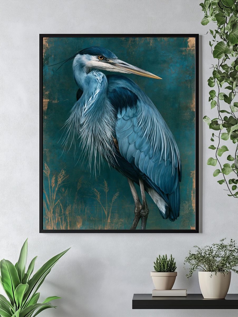 Blue Heron Portrait Print. — room view 4