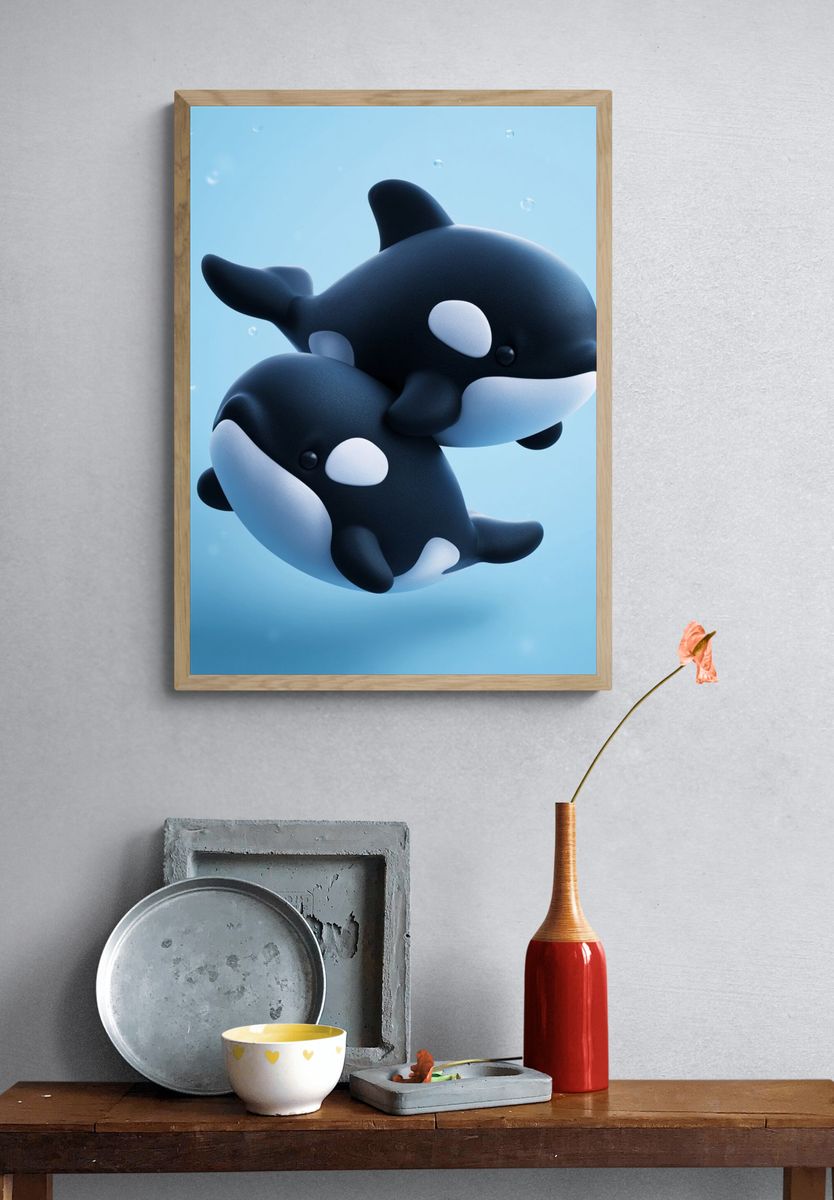 Cute Orca Duo Illustration Poster. — room view 3
