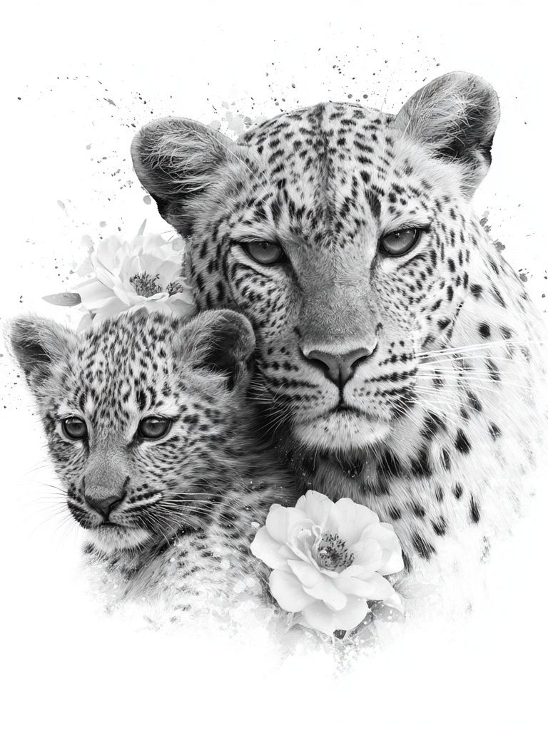 Leopard Mother and Cub Black-White Poster. poster detail