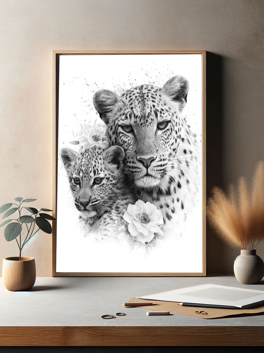 Leopard Mother and Cub Black-White Poster. — room view 2