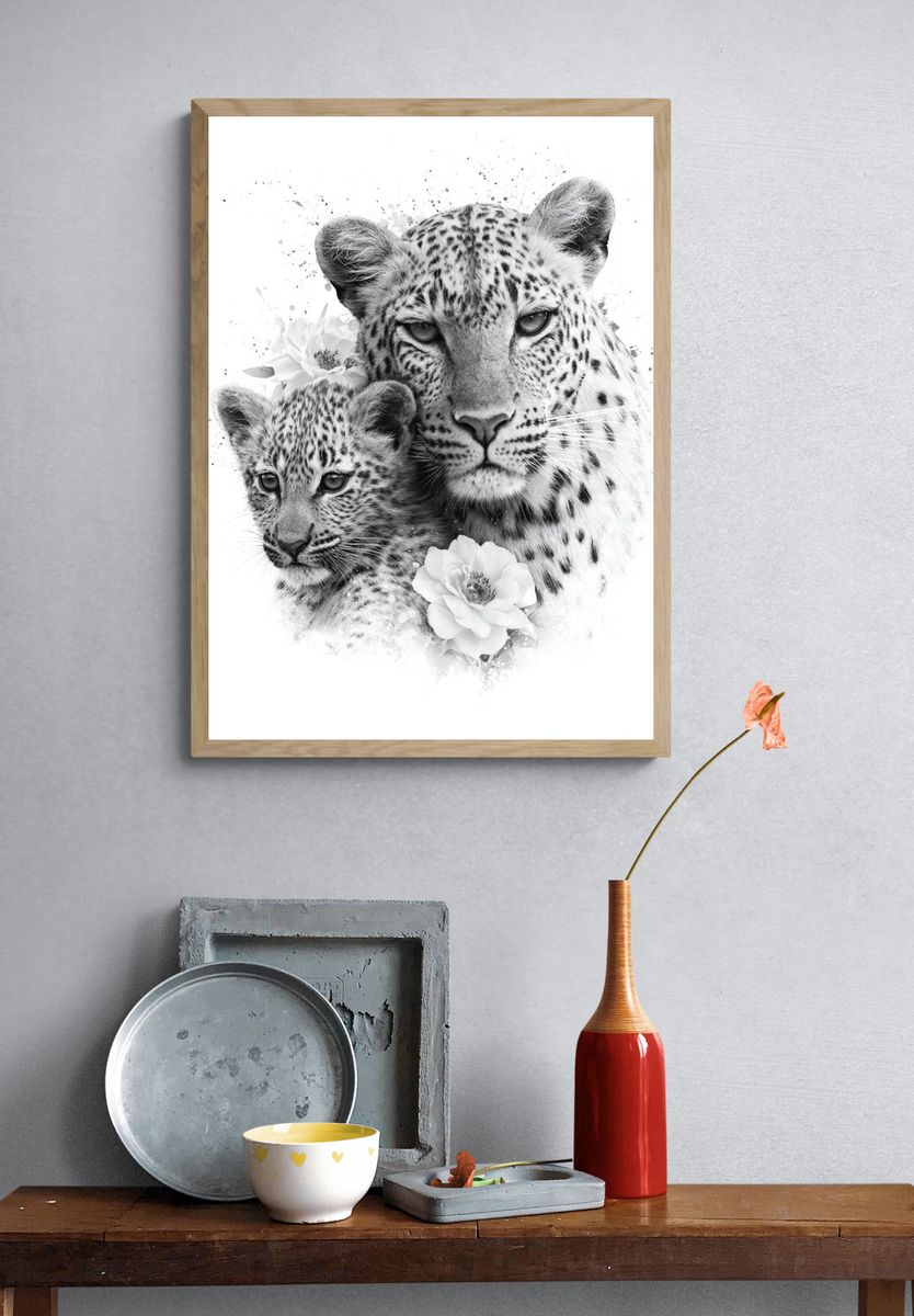 Leopard Mother and Cub Black-White Poster. — room view 3