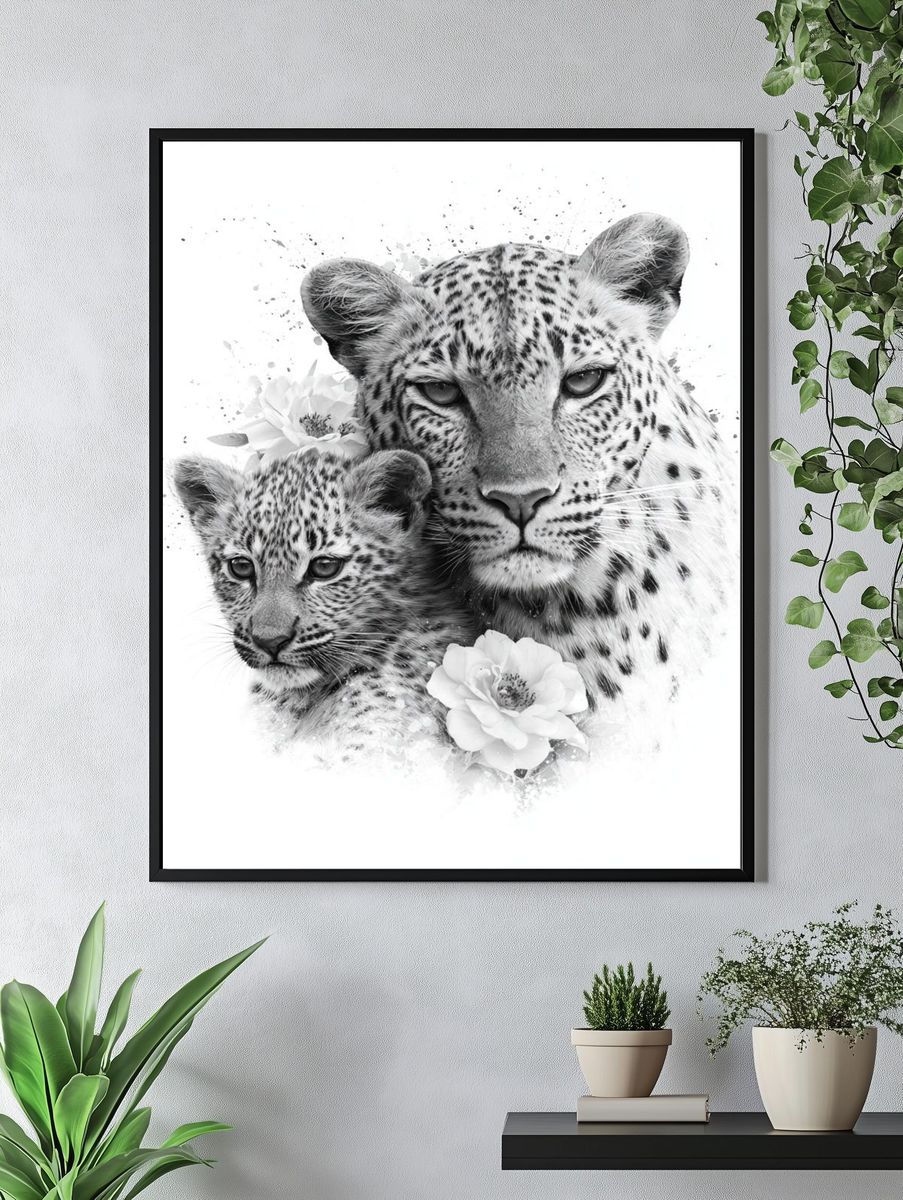 Leopard Mother and Cub Black-White Poster. — room view 4