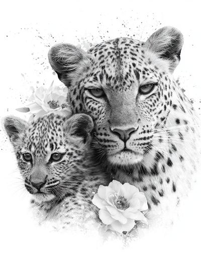 Leopard Mother and Cub Black-White Poster. poster
