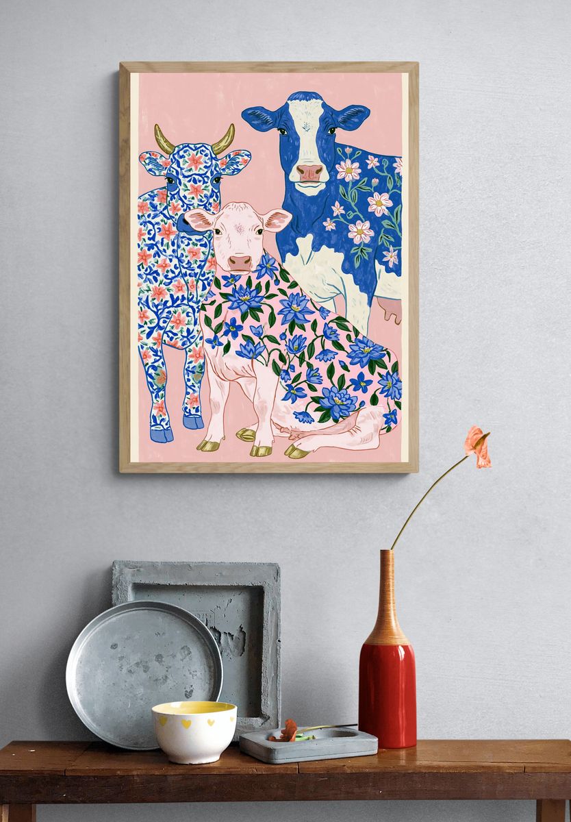 Floral Cows Illustration Poster. — room view 3