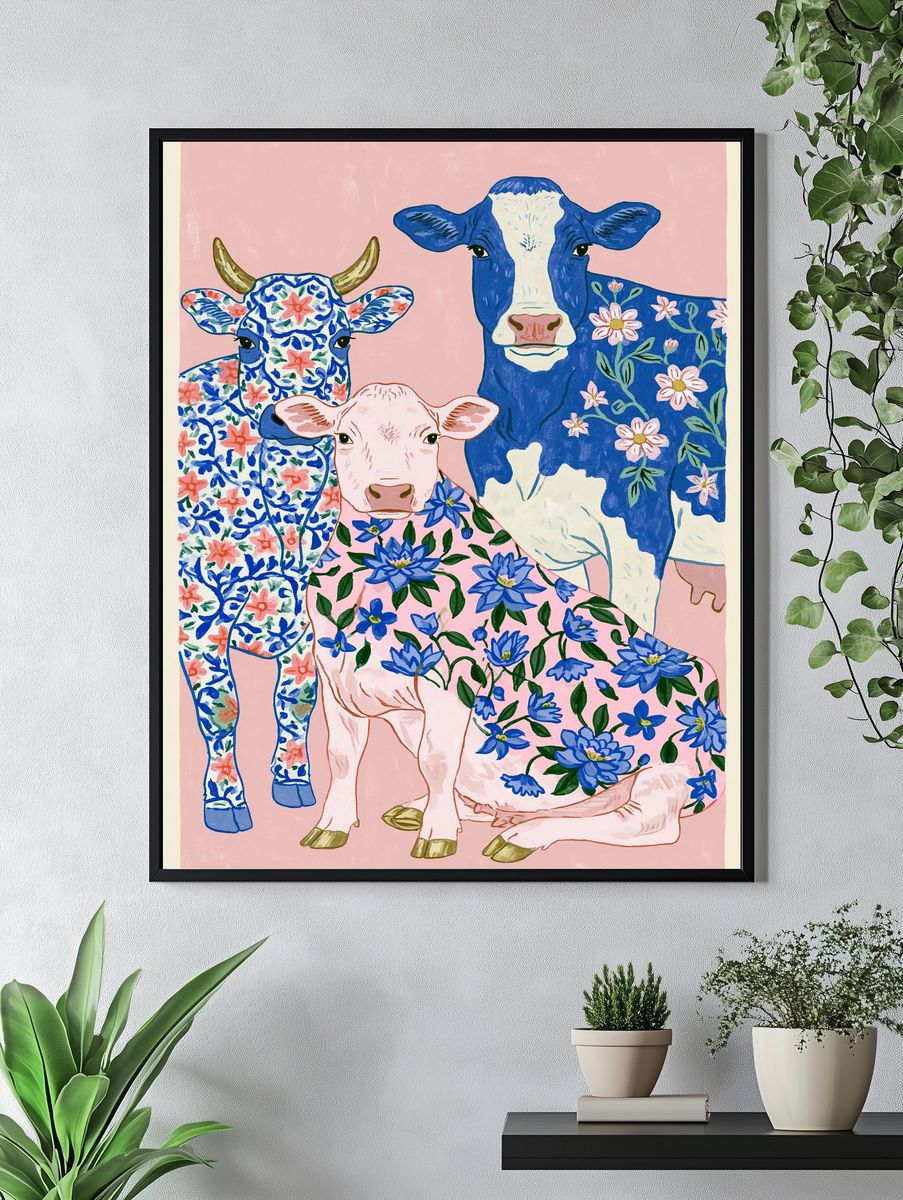 Floral Cows Illustration Poster. — room view 4