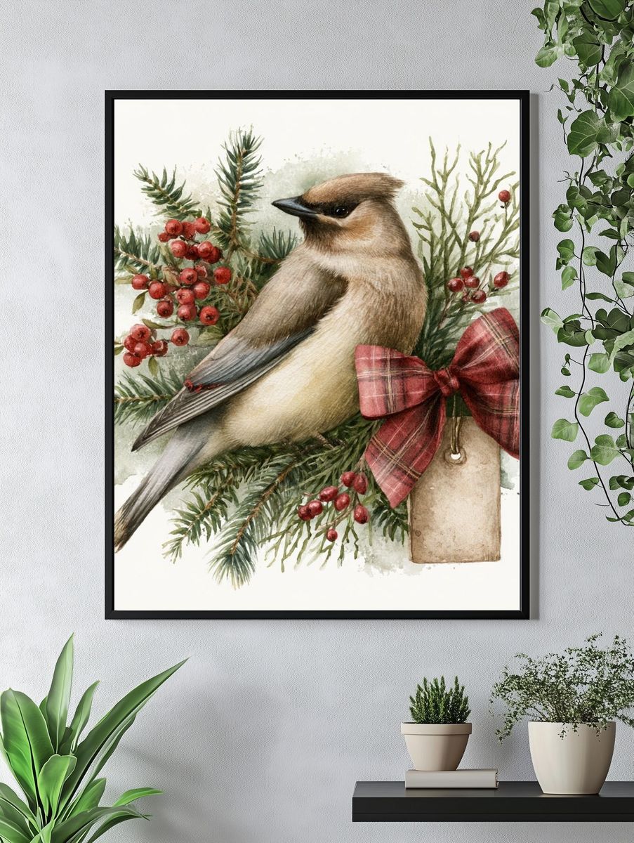Cedar Waxwing Watercolor Poster. — room view 4