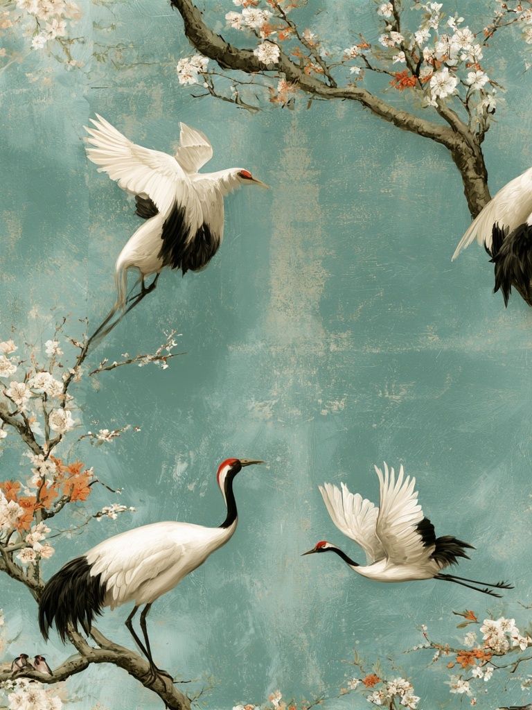 Crane Blossom Garden Print. poster — animals art